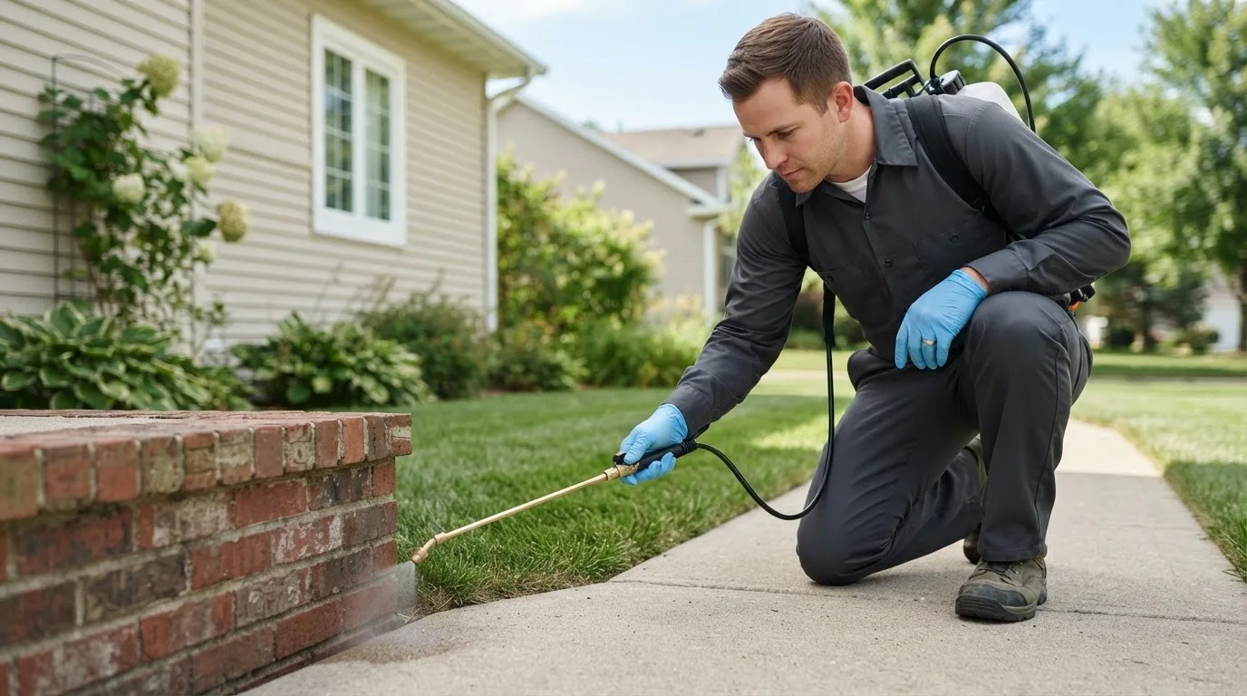 Pest control technician treating a home near Bay City, TX